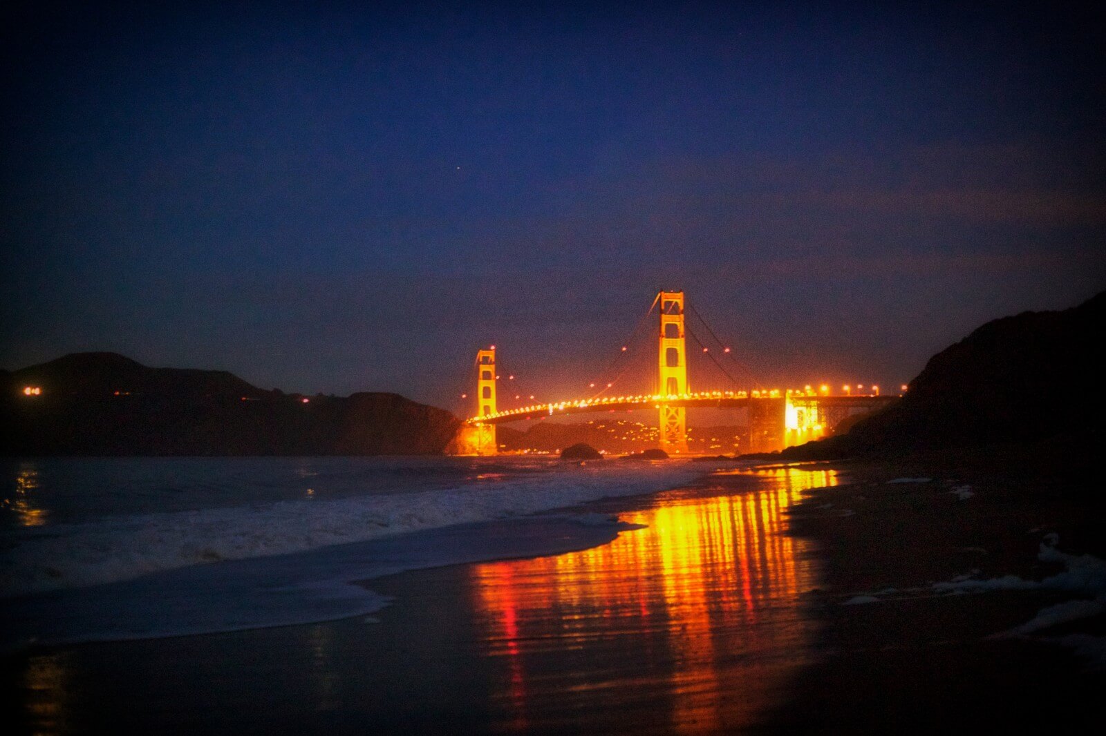 Golden Gate Bridge, night, reflection, San Francisco, Baker Beach